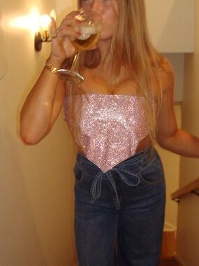 While fox boutique pink sequin top